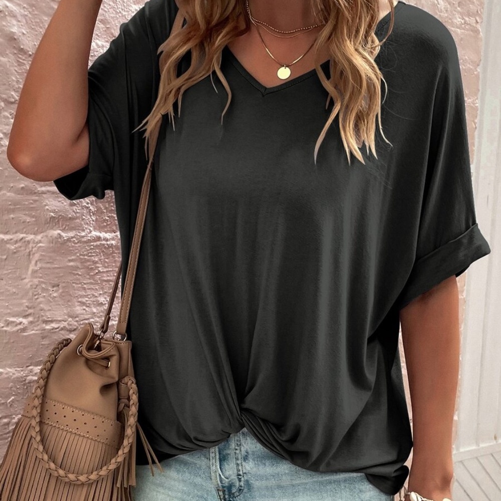 Cozy v neck Khaki Cuff Sleeve Oversized Casual Tee Top - Picture 9 of 11